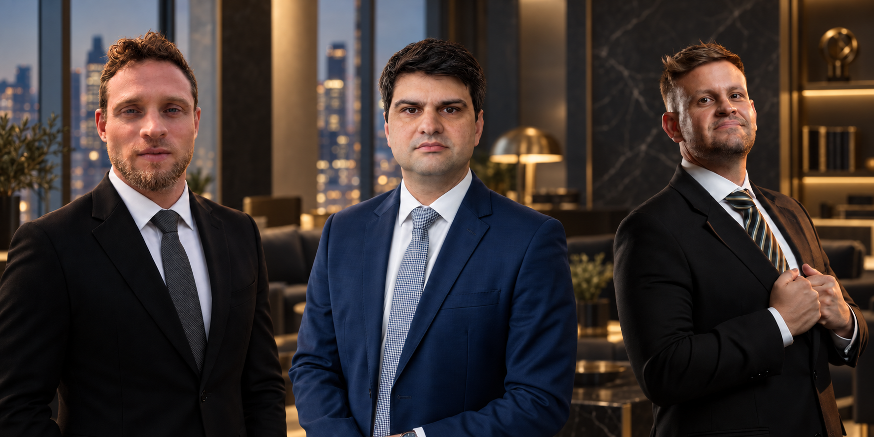 Diretores Trinity, da esquerda para a direita: Rick Gradin, Emmanuel Macedo e Lucas Mendes, em ambiente executivo